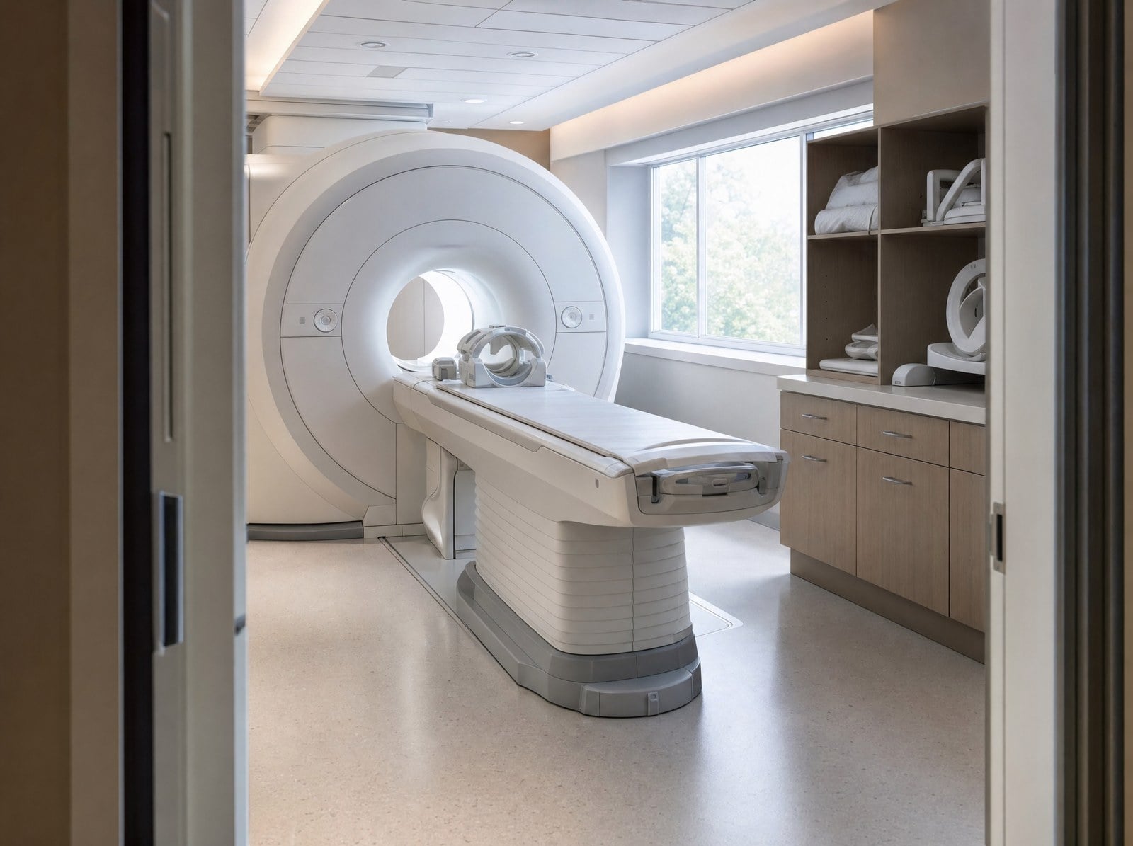 An empty MRI scanner room seen from the doorway, with the scanner bed, storage cabinets, and a window showing trees.